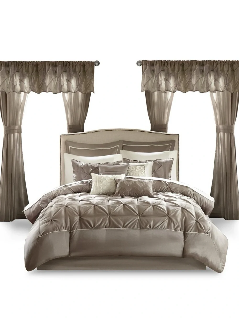 Madison Park Faux Silk Comforter Set Decorative Pillows,Taupe Cal King 24 piece